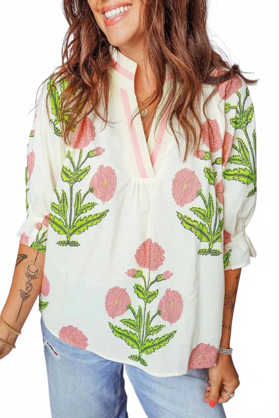 NEW LITTLE DAISY CLOSET floral blooms collared v neck top in white